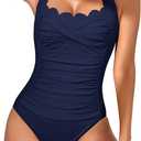 Eomenie Women One Piece Tummy Control Swimsuit Halter Scallop Trim Bathing Suits 1 Piece Vintage Ruched Slimming Swimwear, 2XL