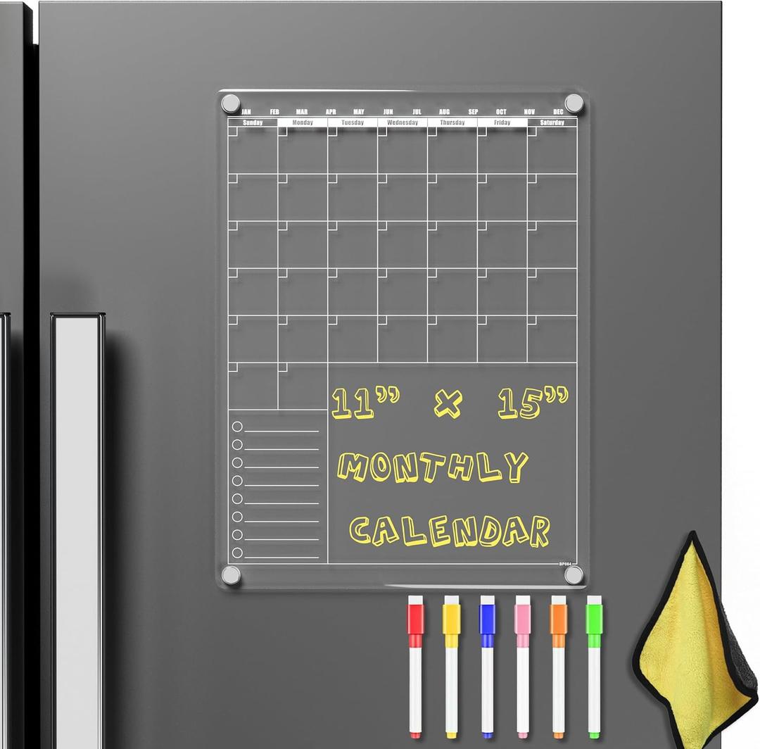 Acrylic Magnetic Dry Erase Calendar for Fridge Clear 37 * 27cm Vertical Monthly Whiteboard Planner Erasable Planning Board White 15" x 11" in / 6 Color Wet Erase Marker