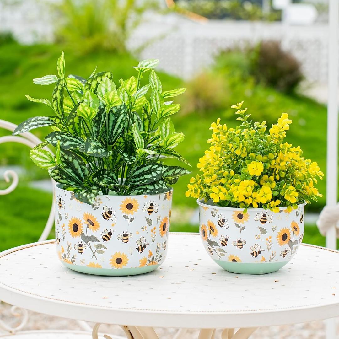 Joint Honglin Butterfly & Bee Metal Planters Set of 2 Decorative Flower Pots with Colorful Garden Prints, Outdoor & Indoor Use Cute Spring Floral Design for Patio, Balcony, Home Decor (Bee)