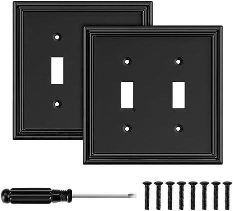 Black Modern Decorative Wall Plate Light Switch Cover Decorator Outlet Covers Rocker Switch Plates Bamboo Fiber Material Wall Plates for Kitchen Bathroom (2 Gang Double Toggle-2 Pack)