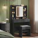 VASAGLE Vanity Desk with Mirror and Lights, 35.4-Inch Wide, with Stool, 35.4"W x 56.9"H With Stool