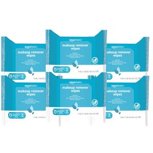Amazon Basics Makeup Remover Wipes, Gentle Cleansing, Dermatologist Tested, Hydrating with Hyaluronic Acid, Plant-Based, Alcohol-Free, Removes Waterproof Mascara, No-Rinse Formula, 25 Count, 6-Pack