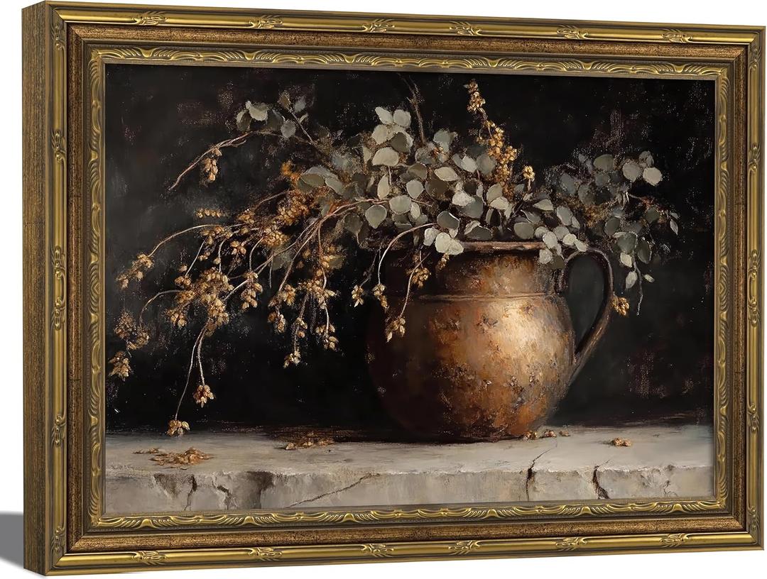 Gold Framed Vintage Eucalyptus Canvas Wall Art Rustic Farmhouse Copper Vase Botanical Pictures Print Moody Autumn Still Life Wall Decor for Living Room Bedroom Kitchen Office Home Decoration 9x11 inch