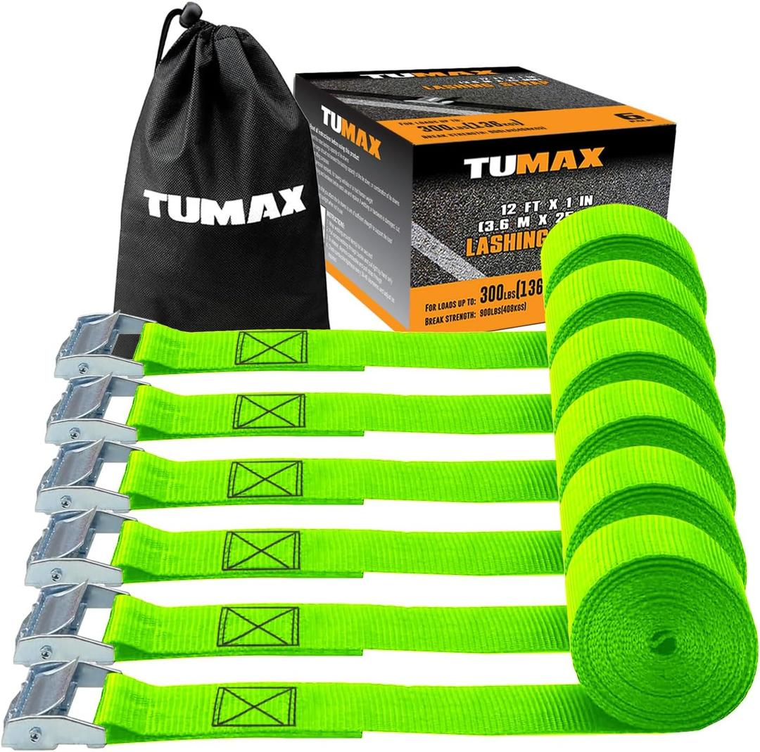1" x 12' Lashing Straps Cargo Tie-Down Strap Up to 900lbs, 6pk Cam Buckle Tie Down Strap for Cargo Lashing, with Carrying Bag, Green