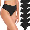 Wealurre Womens Underwear High Waisted Seamless Thongs for Women Breathable No Show Panties for Ladies 6 Pack (Black, M)