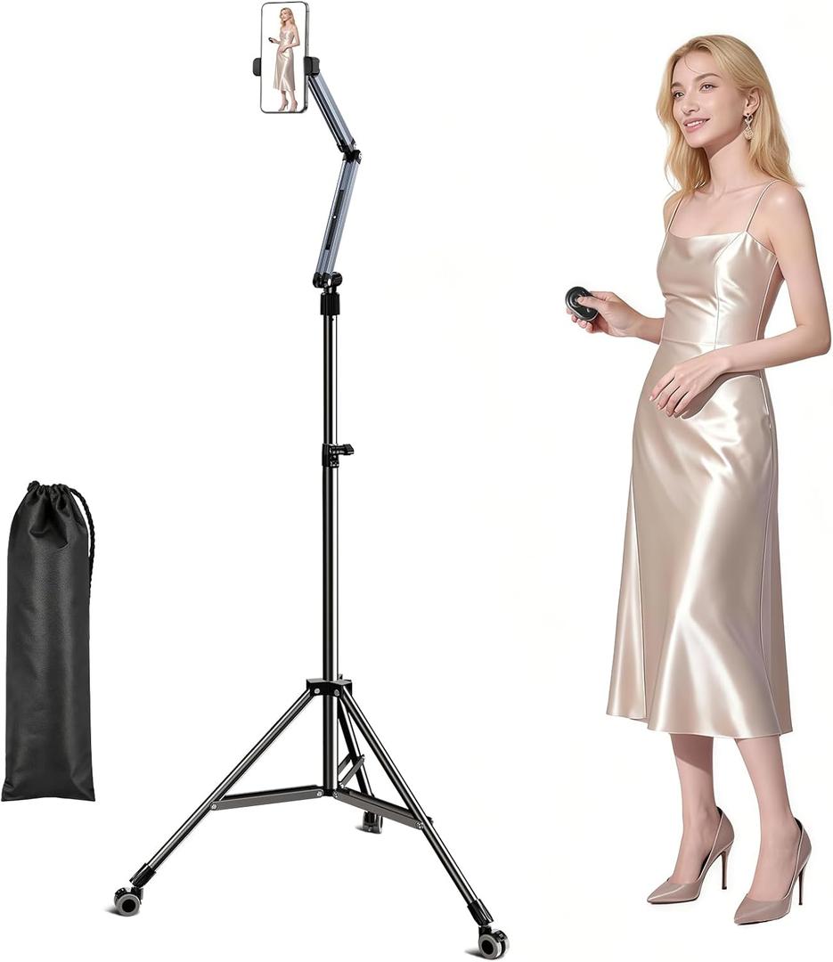 iPhone Tripod for Video Recording - Portable Cell Phone Tripod with Remote & Wheels, 72in Tall Adjustable Tripod Stand for iPhone/Android, Ideal for Vlog/Live Streaming/Content Creation