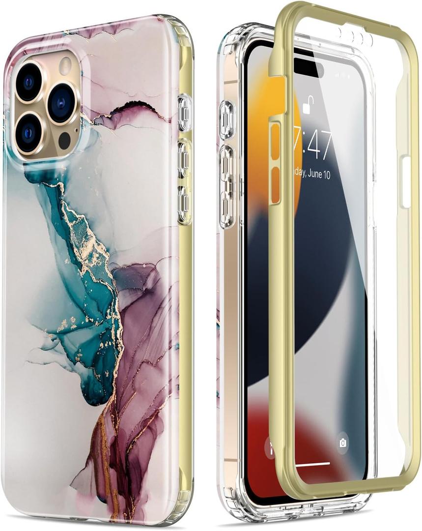 Esdot for iPhone 15 Pro Max Case with Built-in Screen Protector,Durable Cover with Fashionable Designs for Women Girls,Protective Phone Case 6.7" Turquoise Pink Marble
