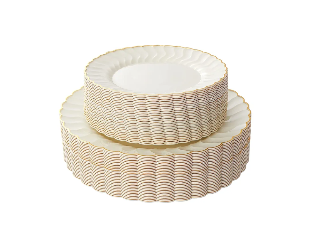 Lullaby 60PCS Ivory Scalloped Plastic Plates with Gold Rim, Disposable Elegant Plates Include 30pcs Dinner Plate 10.25", 30pcs Plastic Dessert Plate 7.5", Perfect for Wedding and Party