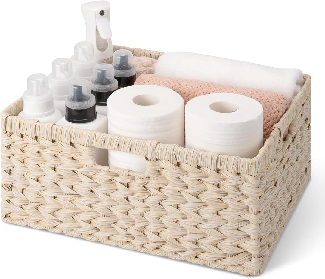 GRANNY SAYS Basket for Organizing, Wicker Storage Baskets for Shelves, Woven Baskets for Storage, Waterproof Shelf Baskets for Living Room, Rectangular Woven Basket with Handles, 1-Pack (Butter Milk), Size: 16 ½"L x 13"W x 7 ½"H