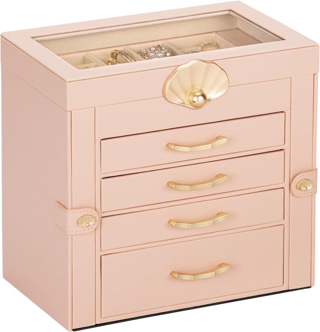 Jewelry Box with 4 Drawers : Display Organizer for Earrings Necklaces - Christmas Gifts for Girls Women (Peach Pink) (XXL)