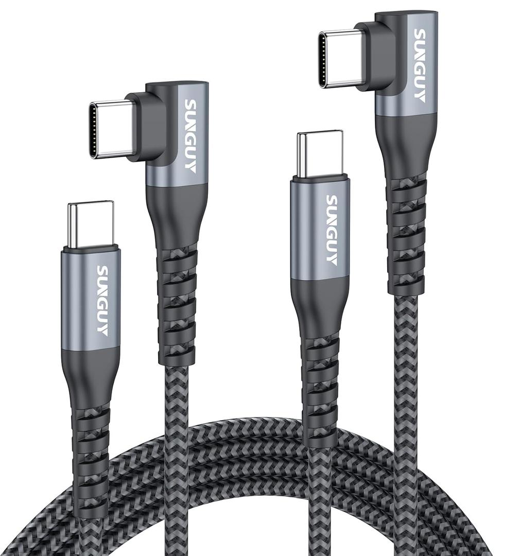 SUNGUY Right Angle USB C to USB C Cable 5FT 2Pack 60W Fast Charging USBC Cable Braided Type C Data, 90 Degree C Port Charger Cord Android Auto Carplay Compatible for iPhone 17/16/15, MacBook, Samsung