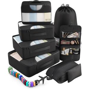 Veken 10 Set/8 Set Packing Cubes for Travel Essentials, Suitcase Organizer Bags in 4 Sizes, Carry-On Luggage Accessories with Large Laundry & Toiletry Bag, Must-Have for Airplane, Road Trip & Camping (Black)