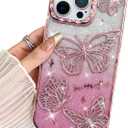 BITOBE Designed for iPhone 16 Pro, Cute 3D Butterfly Case Slim Plating Glitter Bling Luxury Cover for Women Girls Protective Camera Protection Bumper 6.3" Pink