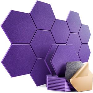 12 Pack Self-Adhesive Acoustic Panels 12" X 10" X 0.4" - Sound Proof Foam Panels with High Density, Hexagonal Design, Flame Resistant, Absorb Noise and Eliminate Echoes(Purple)