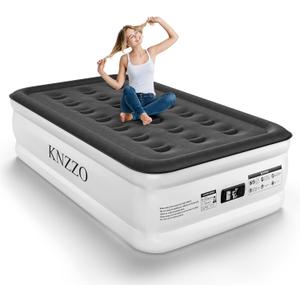 KNZZO Twin Air Mattress with Built-in Pump, 18" Top Inflatable Mattress with Waterproof Flocking Fabric, Three-Minute Quick-Inflatable Bed. Portable Blow Up Mattress for Home, Outdoor and Guests (White)