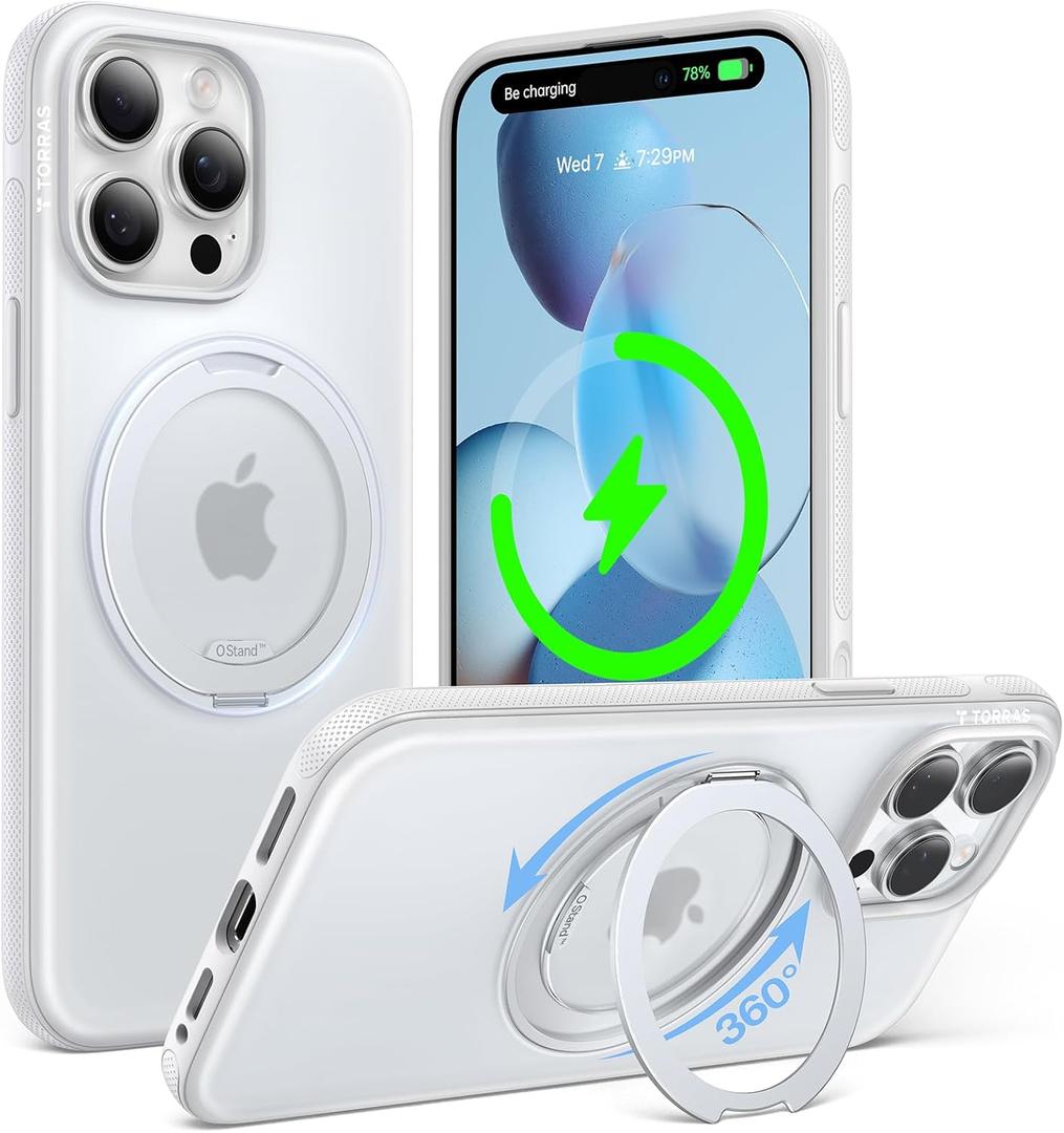 TORRAS O3 Fitness for iPhone 15 Pro Case Magnetic Stand, Fit for MagSafe, 360 Rotatable Stable Stand, Military-Grade Shockproof, Slim & Sleek Anti-Scratch Cover, Glacier White Translucent