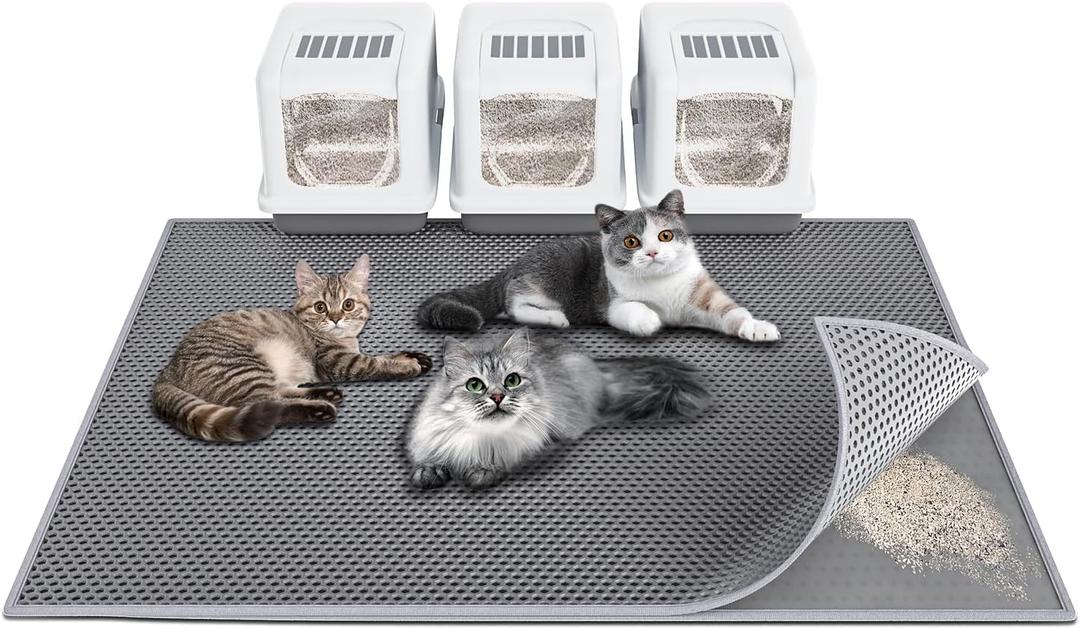 Cat Litter Box Mat: 47"x 36" Waterproof Kitty Cat Litter Trapping Mat, Easy-clean Double-layer Scatter Control Pad Rug(Grey)