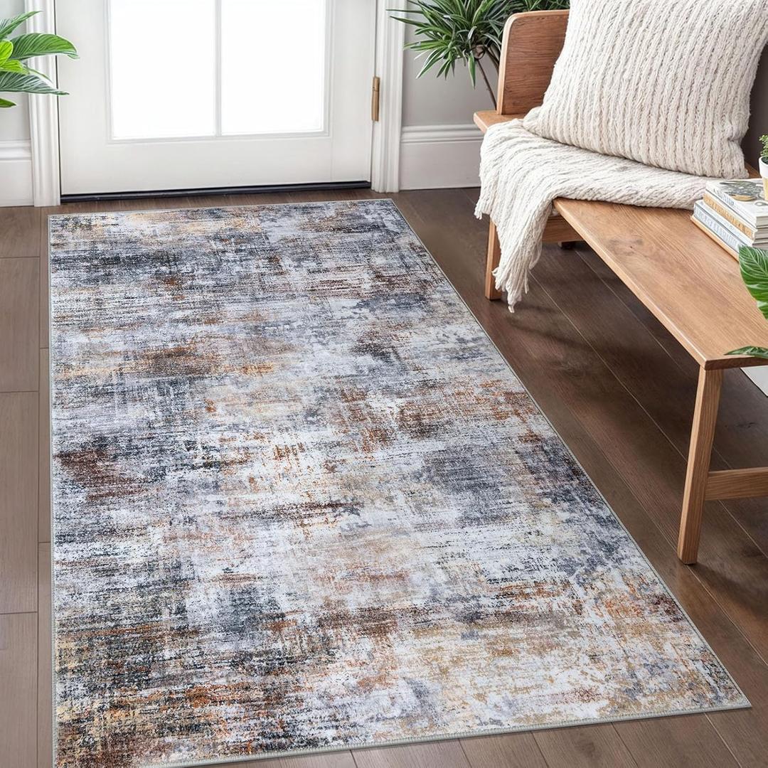 IOHOUZE Abstract Area Rug 3x5 Ft Washable Rugs for Entryway Indoor, Non Slip Kitchen Rug Printed Faux Wool Throw Rugs, Indoor Door Mat for Door Entrance Foyer Living Room, Orange Grey