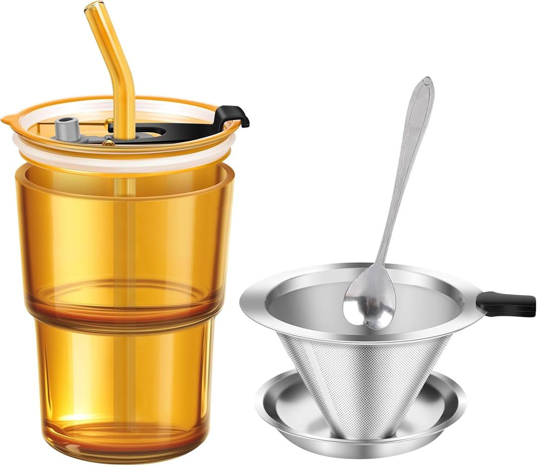 380ml Single-Serve Full Immersion Coffee Brewer, Thick Glass Brewing Cup with Reusable 600-Mesh Stainless Steel Filter, Portable Hot Brew Maker with Lid, Straw & Stirring Spoon(Amber)