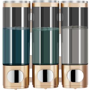 Pollock Shower Dispenser - 3 Chamber No Drill Mounted Shampoo, Conditioner, Body Wash Dispenser for Bathroom, Large Capacity, Gold