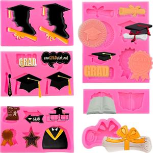 6 Pack Graduation Fondant Molds Silicone Graduation Mold Cap Diploma Book Mold Congrats Grad Congratulations Candy Chocolate Mould for Party Soap Resin Cake Cupcake Topper Decoration