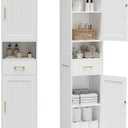 Homhedy 67" H Bathroom Storage Cabinet, Tall Storage Cabinet with Adjustable Shelves, Freestanding Cabinet with Doors and Drawer, Narrow Cabinet for Bathroom, Living Room, Kitchen, Dining Room, White, 11.8"D x 15.7"W x 67"H