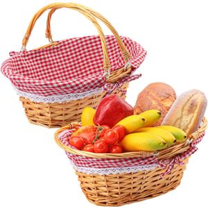 2 Pack 12.6 Inch Natural Wicker Basket with Checkered Lining, Oval Wicker Woven Basket with Handle, Willow Woven Picnic Baskets for Picnic, Camping, Party(Small)