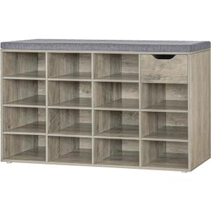 DINZI LVJ Shoe Bench, Entryway Storage Bench with Drawer and 15 Cubbies, Cubby Shoe Rack with Adjustable Shelves, Shoe Organizer Cabinet for Living Room, Bedroom, Mudroom and Garage, Gray Wash