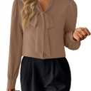 Avanova Women Bow Tie Neck Long Sleeve Blouses Tops Dressy Casual Elegant Work Shirts Khaki X-Large (XL)