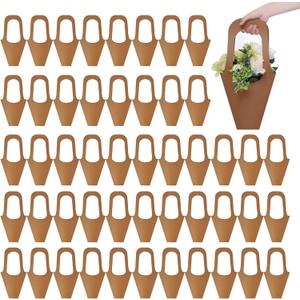 Merkaunis 50 Pcs Flower Bouquet Bags with Handle, Kraft Paper Flowers Gift Bags, Paper Brown Creative Cone Flower Sleeves for Flower Arrangement and Home Decoration