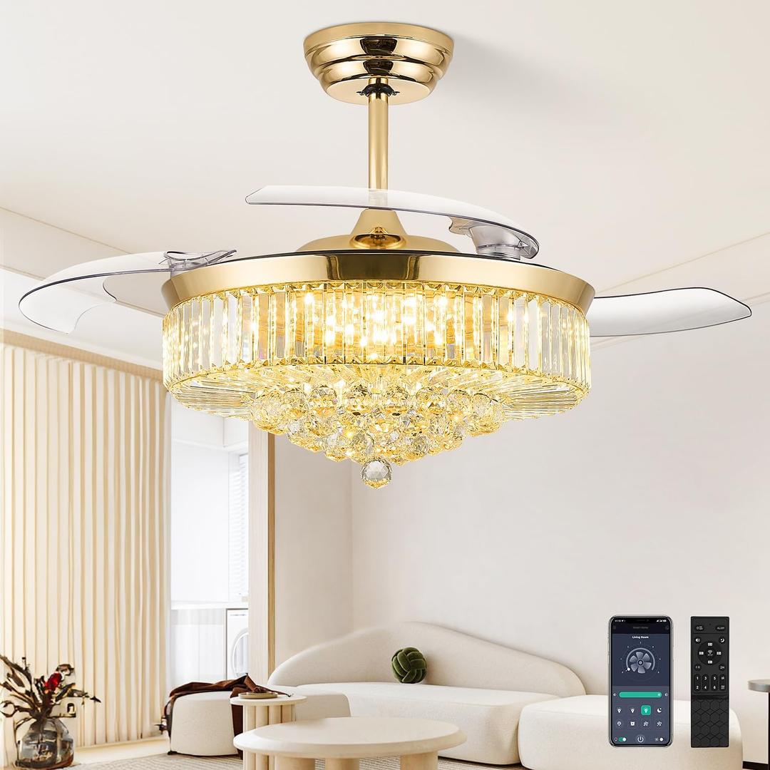 52 Inch Fandelier Ceiling Fan with Light, Chandelier Ceiling Fan for Bedroom Living Room, 3 Color Temperature, 6 Wind Speed. Reversible Motor, Memory Function-Gold