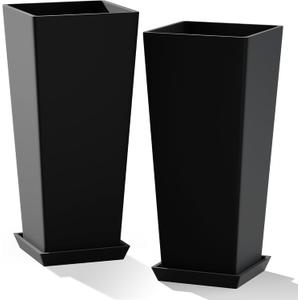 24" Set of 2 Tall Black Planters for Outdoor Plants, Large Flower Pots Planters with Drainage Holes & Tray, Modern Indoor Tapered Planter for Front Porch