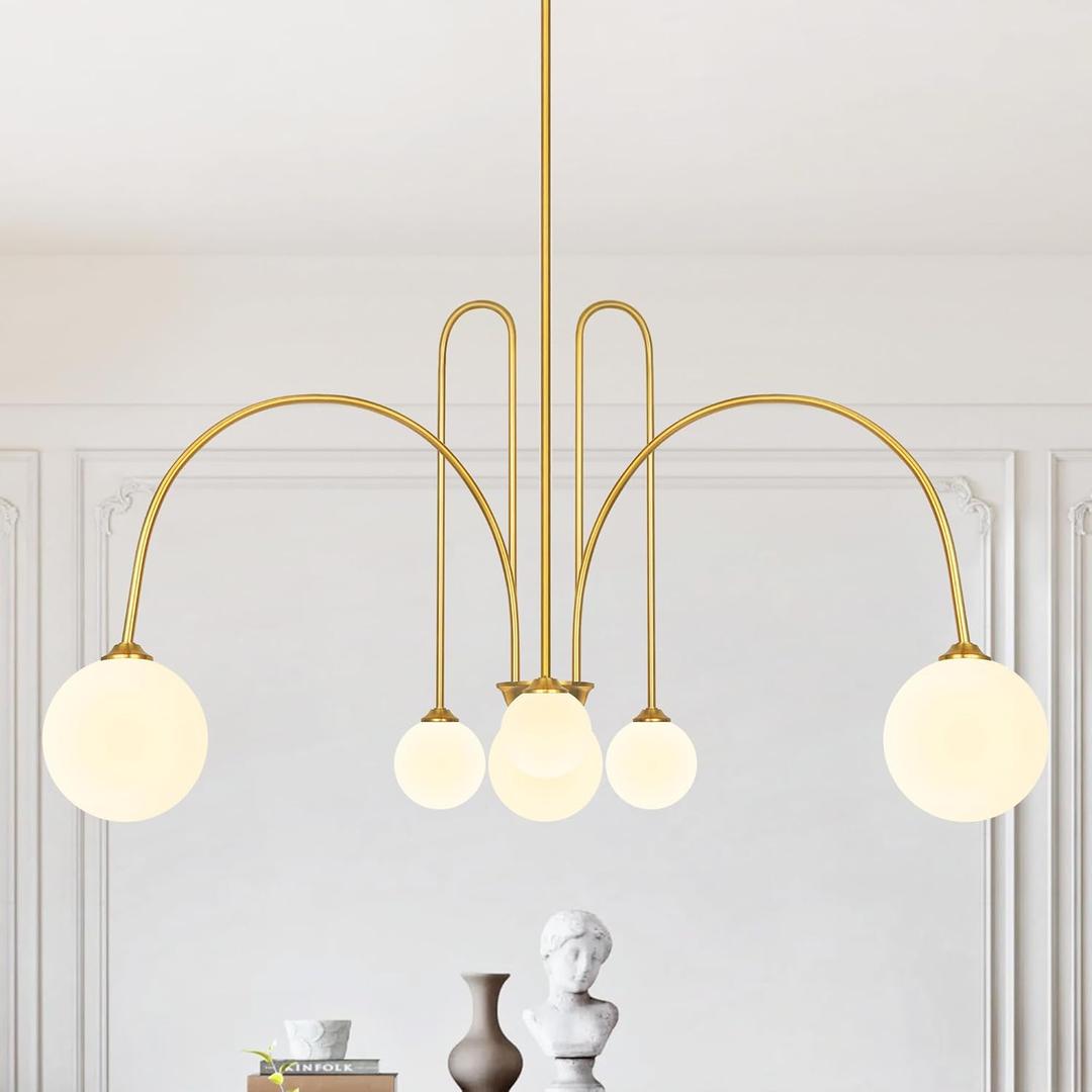 Gold Sputnik Chandelier,6 Lights Modern Chandelier for Dining Room Mid Century Chandelier Large L49 Ceiling Pendant Light Fixtures with Milk Glass Globe Shades for High Ceiling Foyer Living Room