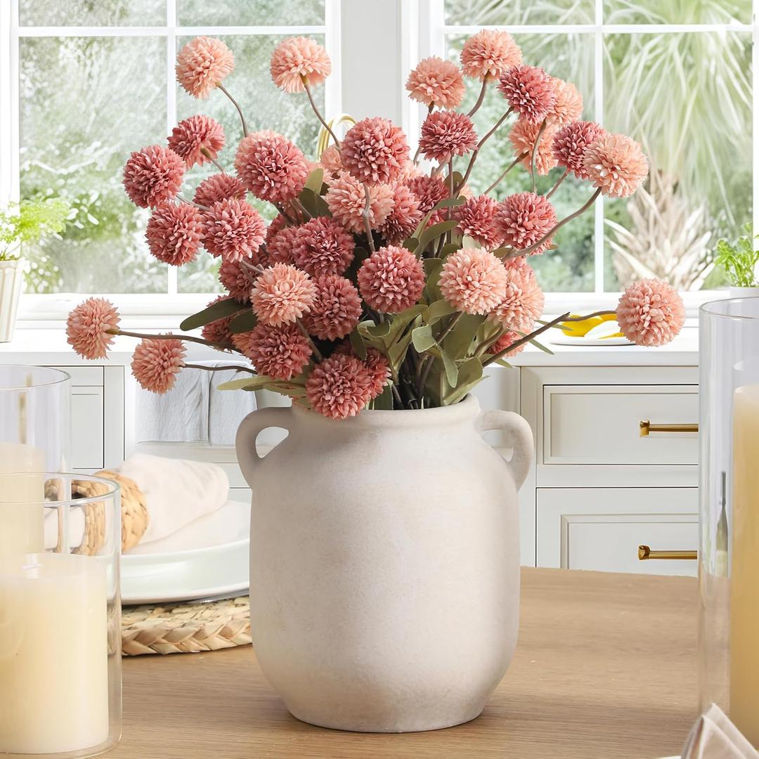 Vintage Ceramic Vase with Handle, 7 Inch Farmhouse Rustic Pot, Retro Table Centerpiece for Coffee Desk, Living Room Bookshelf & Fireplace Dining Room Mantel Decor