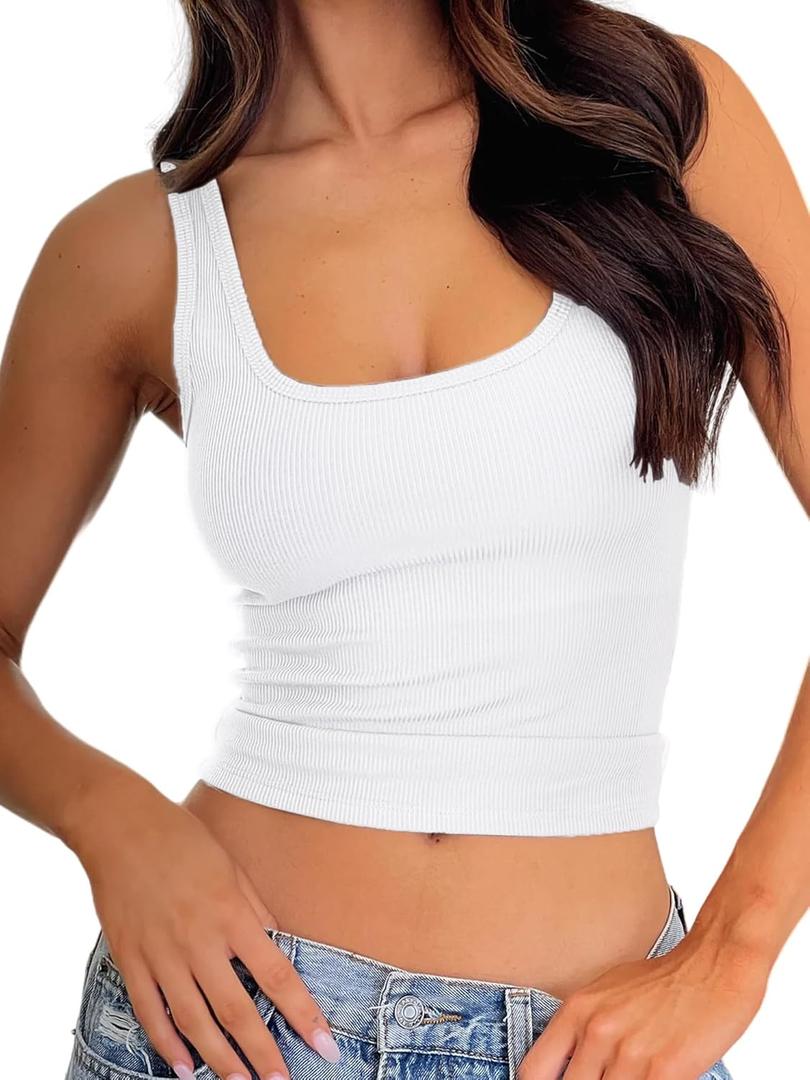 Danysu Women Rib Tank Top Padded Workout Top Square Neck Crop Tank Fitted Basic Cami Tops (Medium, Angel White Solid)