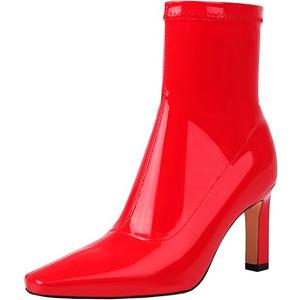 Mofirdast Women's Mid Calf Boots Comfy Square Closed Toe Stiletto High Heel Boot Zipper Short Ankle Booties Red 9
