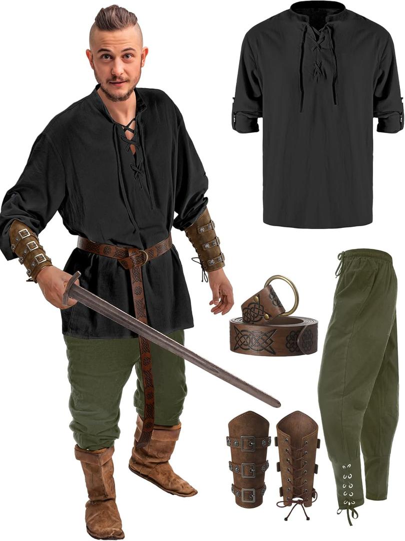Jiuguva 4 Pcs Halloween Men's Renaissance Costume Set Medieval Pirate Shirt Ankle Banded Pants Viking Belt Accessories (Large, Elegant Color) Jiuguva 4 Pcs Halloween Men's Renaissance Costume Set Medieval Pirate Shirt Ankle Banded Pants Viking Belt Accessories (Large, Elegant Color)
