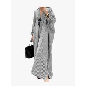 Women's Spring Button Down Cotton Linen Shirt Dress Summer Loose Fit Flowy Side Slit Stripes Maxi Shift Dress, Size XXL