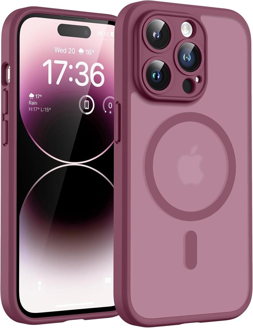 TOCOL Magnetic for iPhone 14 Pro Max Case, Upgraded Full Camera Protection, Compatible with Magsafe, Drop Protection, Translucent Matte Back Phone Cover 6.7 inchPlum