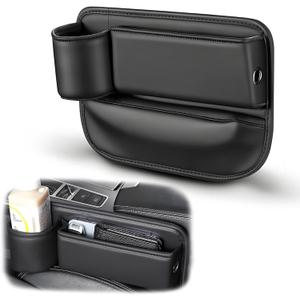 FASTAGEI Car Seat Gap Filler Organizer, Universal Premium Leather Seat Organizer with Cup Holder, Seat Gap Storage Box with Bottle Holder, Car Leather Gap Bag Front Center Console Seat (Driver Side)