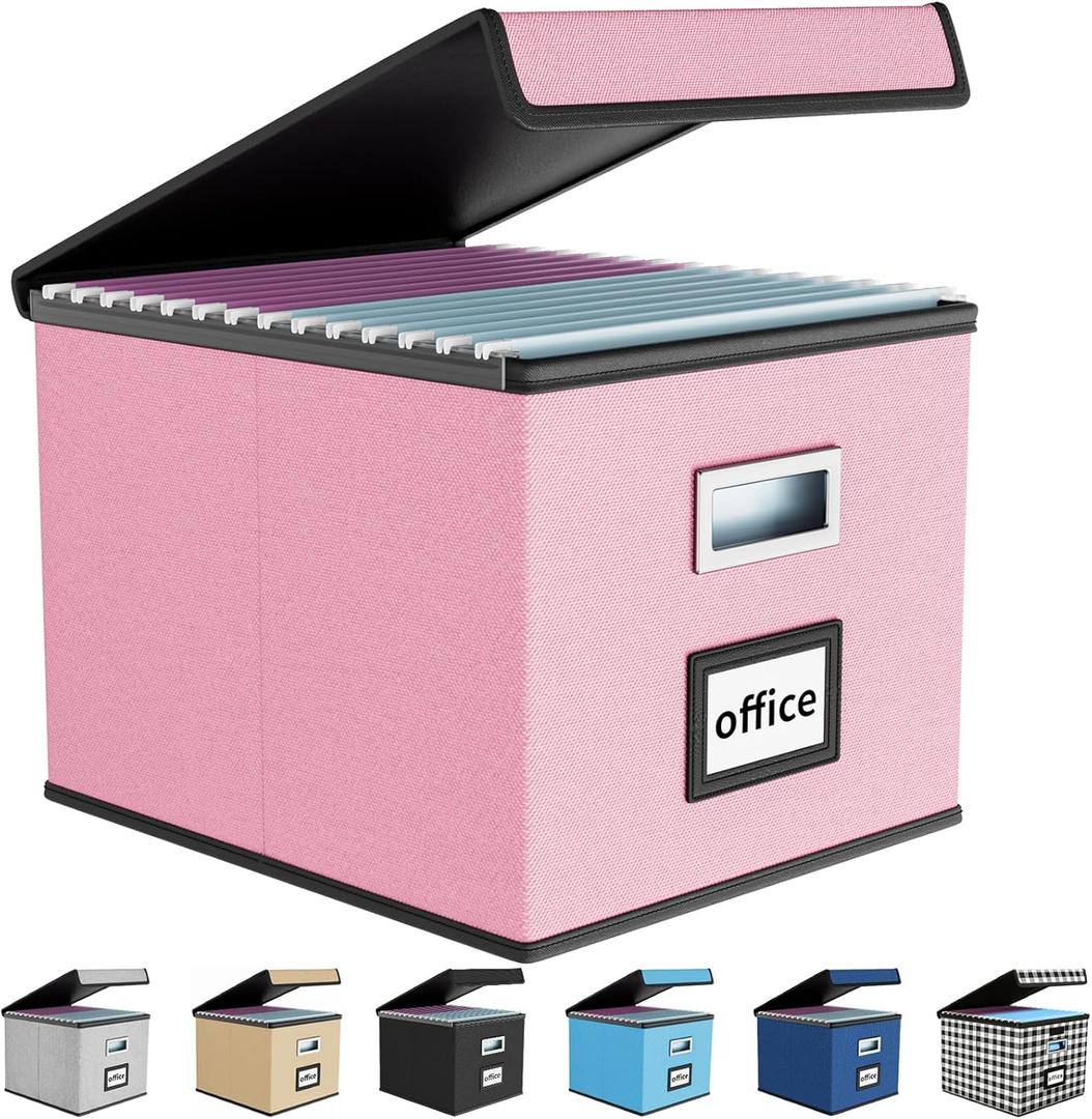 Huolewa Collapsible File Storage Organizer Box with Lid, Linen Document Storage, Universal Hanging Filing Organization Box for Letter/Legal Folder, Decorative Office/Home File Bins - only box (Pink)