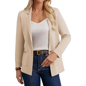 GRACE KARIN Women Sweater Blazers Business Casual Long Sleeve Work Cardigan Open Front Lapel Suit Jackets with Pockets, Apricot Medium