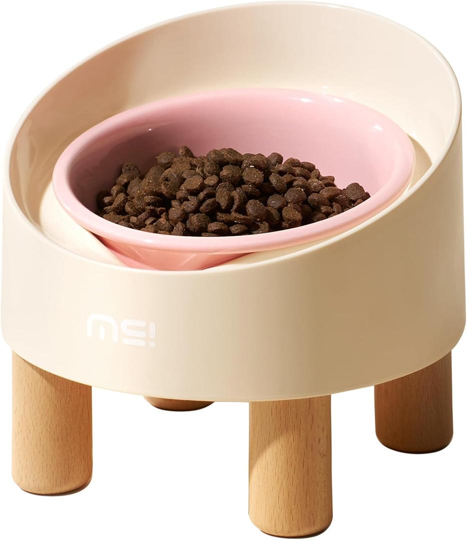 MS!MAKE SURE Ceramic Elevated Cat Bowls with Wooden Stand Set, Adjustable Raised Pet Bowls for Small Dogs & Cats, Anti  Slip Rubber Pad, Leak  Proof, Lead & Cadmium Free, Whisker  Friendly, Pink