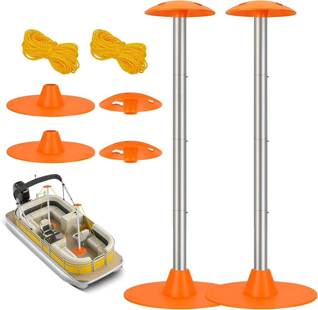 Tuszom Boat Cover Support Pole Systems with Anti-UV PE Ropes & 9" ABS Base, Highly Stable Windproof Support Pole - Adjustbale 1-1/8" in Diameter for V-Hull/Pontoon/Jon Boat Cover (2 Pack)