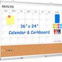 Monthly Calendar Whiteboard Dry Erase Cork Board Combo for Wall, 36" x 24" Magnetic Double-Sided Calendar White Board and Bulletin Board, Portable Board for Office, Kitchen, School, Home