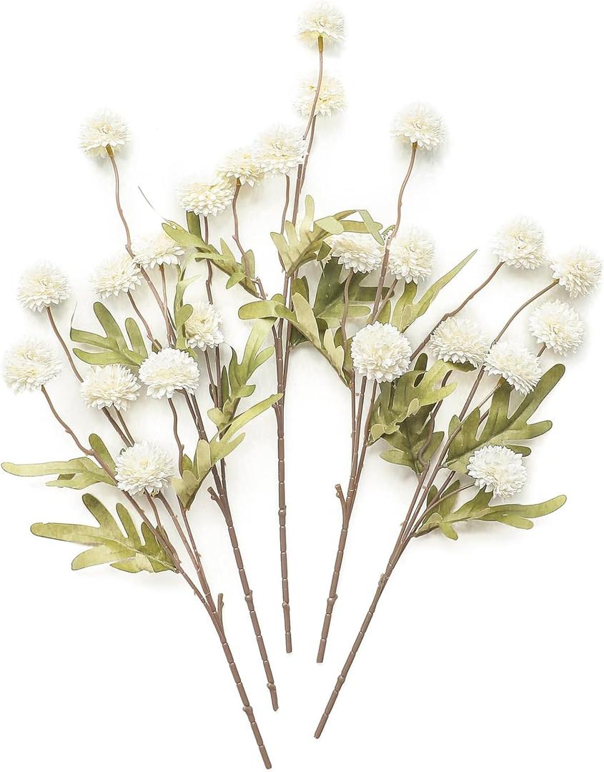 Floroom 5pcs Faux Silk Pompon Mum Artificial Flowers, Bulk Fake Mini Chrysanthemums with Stems for DIY Bouquet Centerpieces Wedding Fillers White Arrangements Shower Decorations, Ivory
