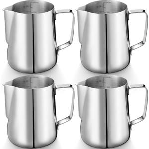 Honeydak 4 Pcs Milk Frothing Pitcher 304 Stainless Steel Steaming Pitchers for Coffee Bar Cappuccino Barista Tools Milk Jug Steamer Frother Cup (20 oz)