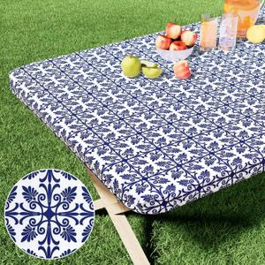 misaya Rectangle Vinyl Table Cloth, Elastic Fitted Flannel Backed Tablecloth, 100% Waterproof Plastic Table Cover Fits 6 Foot Folding Tables for Picnic, Camping, Outdoor (Navy Blue, 30" x 72")
