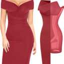 Popilush Women's Shapewear Midi Dress Off Shoulder Wrap V Neck Formal Wedding Guest Cocktail Dresses Bodycon Evening Gowns (XX-Large, Wine Red)