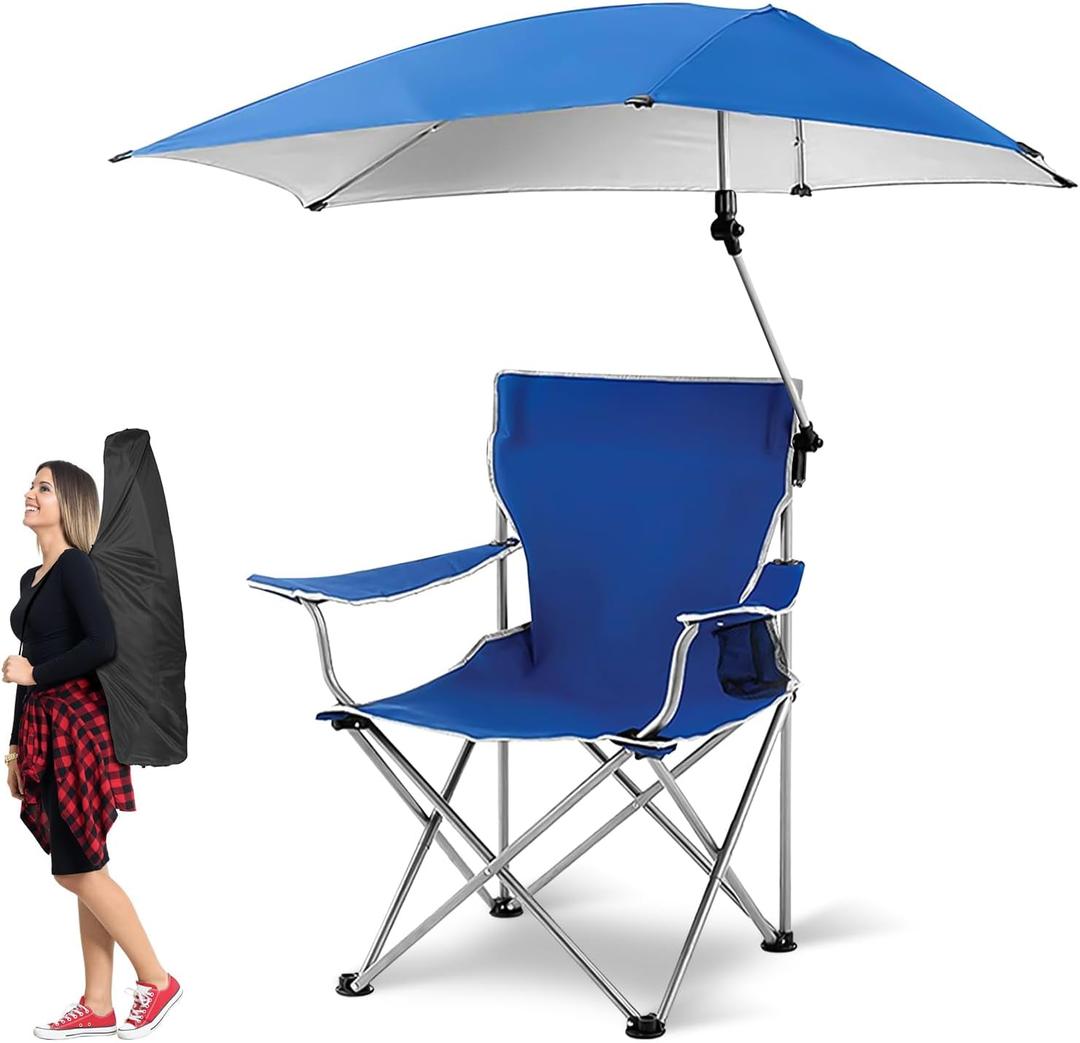 Moclever Foldable Beach Chair with Adjustable Umbrella, Wide Seat & High Backrest, Portable Camping Chair with Cup Holder & Carry Bag for Beach, Poolside, Lawn, Travel, and Outdoor Activities  Blue
